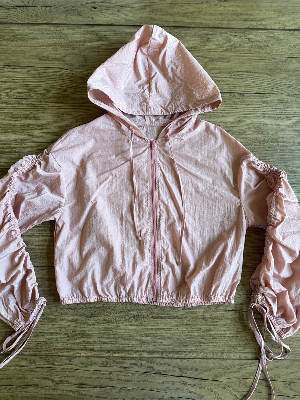 SHEIN Light Pink Hooded Drawstring Sleeve Zip Jacket